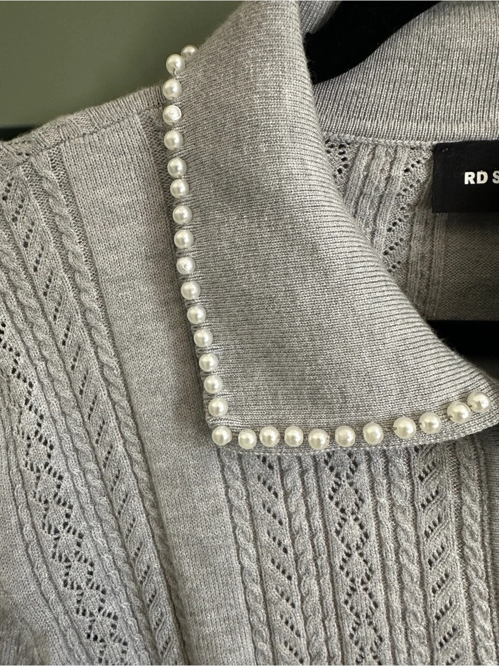 RD Style Avery Light Gray Pearl-Trim Cable Cardigan